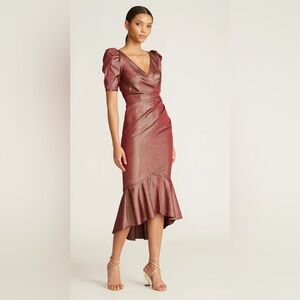 THEIA Mya Lurex Stretch jaquard v-neck midi dress with short sleeves Sz 14